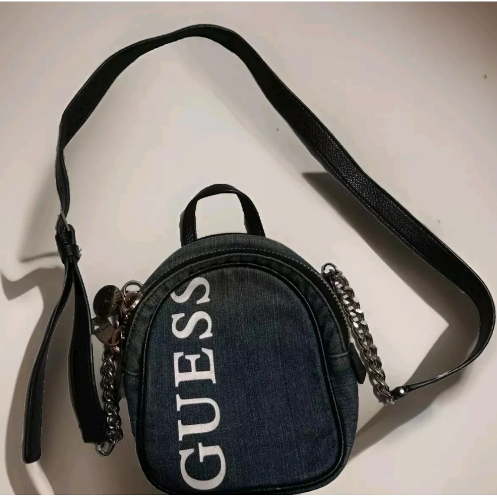 GUESS Denim Faux Leather Chain Accent Crossbody Bag